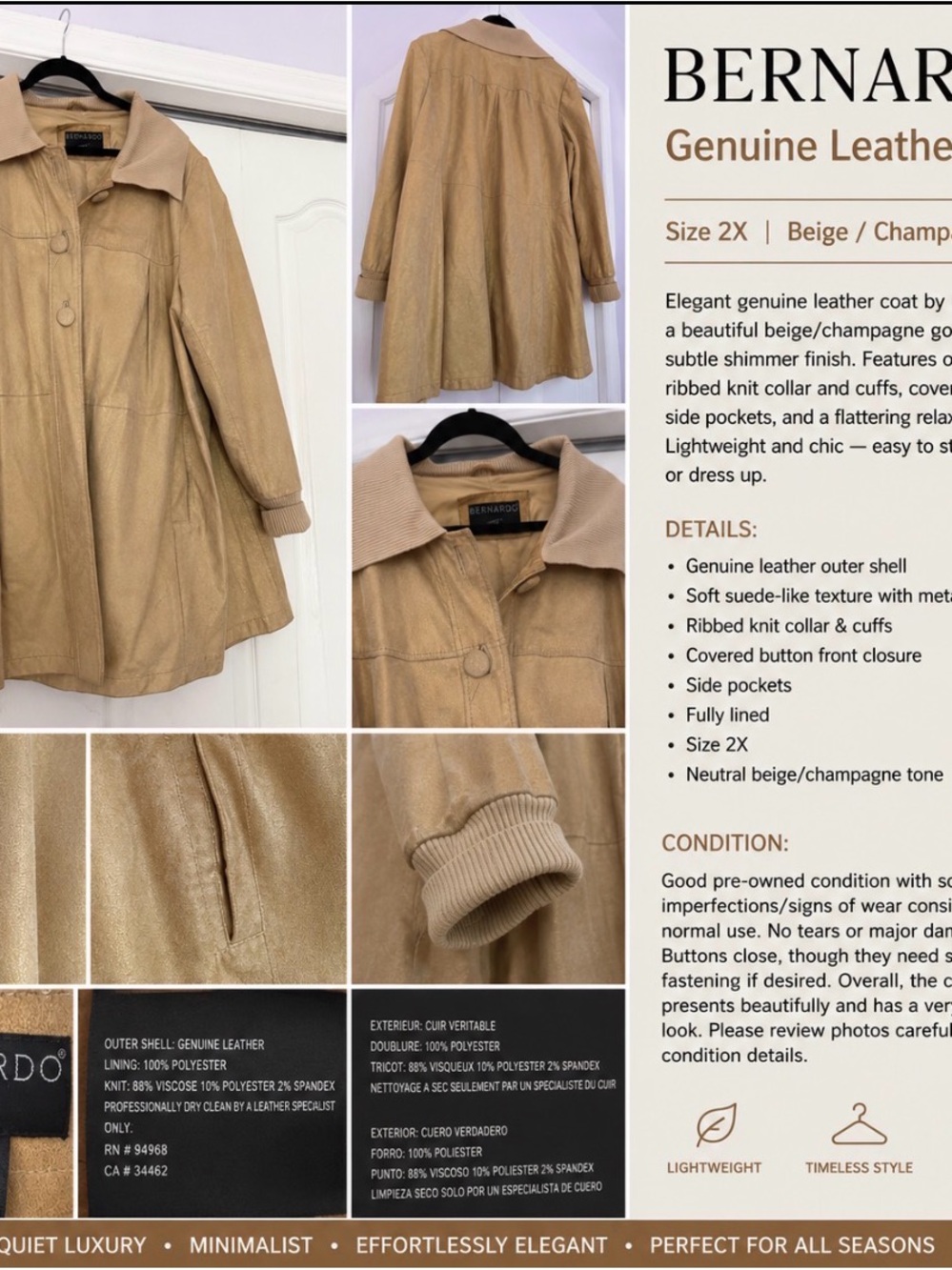 Bernardo Women's Tan Suede A-Line Trench Coat with Ribbed Collar Shimmer